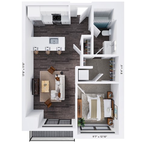 Floor plan for 1 bed, 1 bath, 715 sqft
